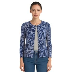 LOFT Womens XS Zebra Print Button Cardigan Blue Tan Cotton Academia Preppy 55-15
